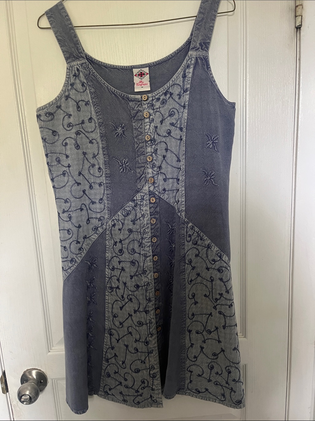 Embroidered Patchwork Denim-Style Button Front Dress - Blue